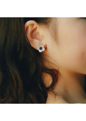 Charming Blue Crystal Flower Leaves Stud Earrings 