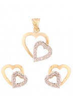 Double Heart Pendant Set With Cz Embellishemnts In Yellow Gold Tone